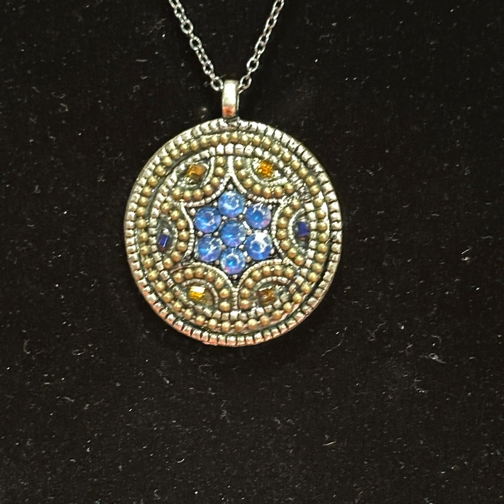 Elegant Blue and Antique Silver Pendant Necklace. Crystals & seed beads.
